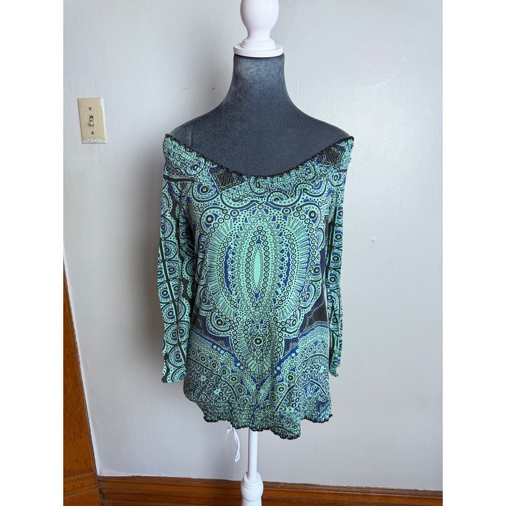 Mossimo‎ vintage Y2K Medallion Print Smocked Off Shoulder Top Large Boho paisley